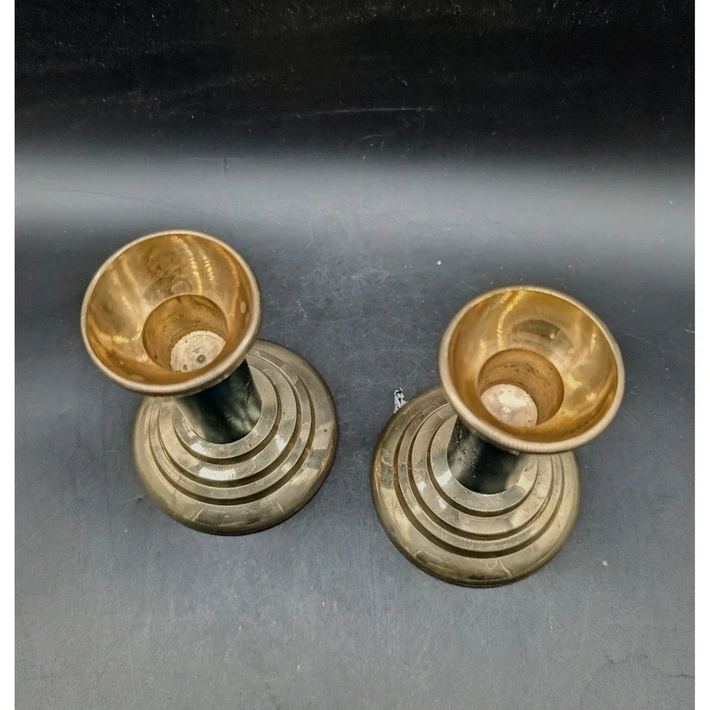 Vintage Brass Candlestick Holders Set of 2 Teal Blue Enamel Gold Tone 3